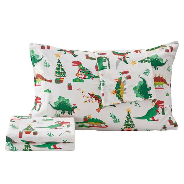 Freshfolds Cotton Christmas Dinosaur 4pc. Flannel Sheet Set