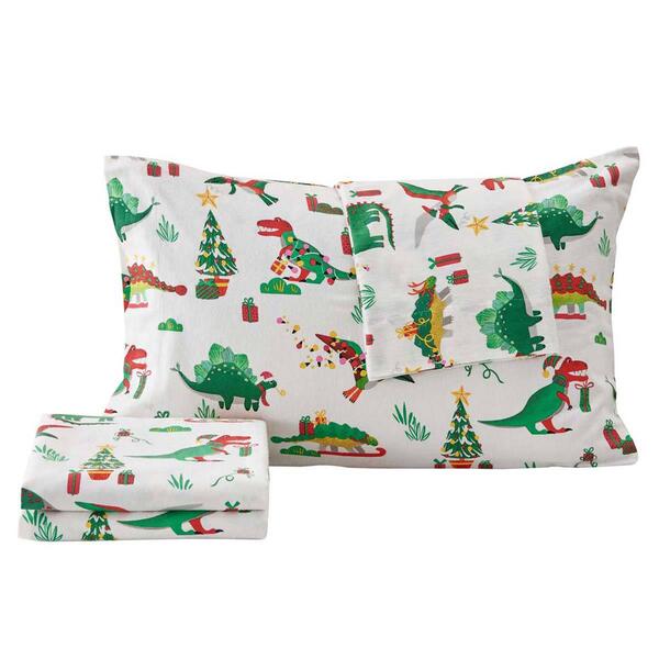 Freshfolds Cotton Christmas Dinosaur 4pc. Flannel Sheet Set - image 