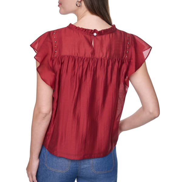 Womens DKNY Ruffle Cap Sleeve Pleated Stud Embellishment Blouse