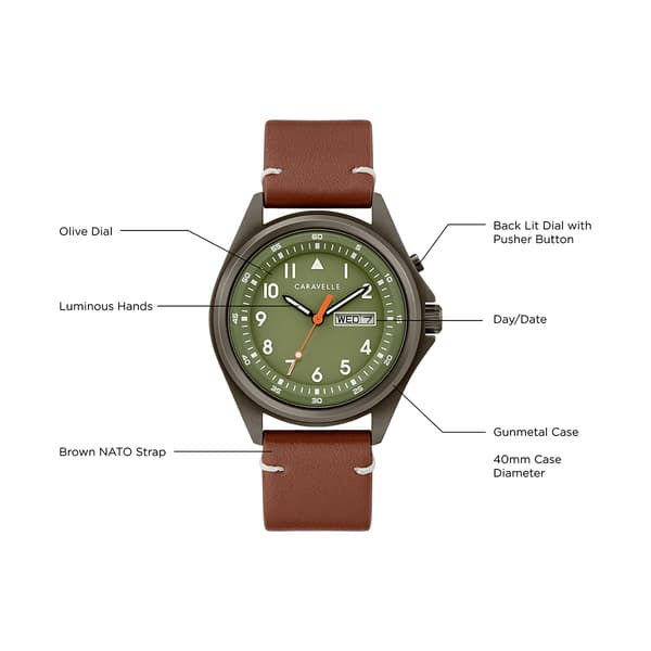 Mens Caravelle Gunmetal IP Stainless Olive Dial Watch - 45C119