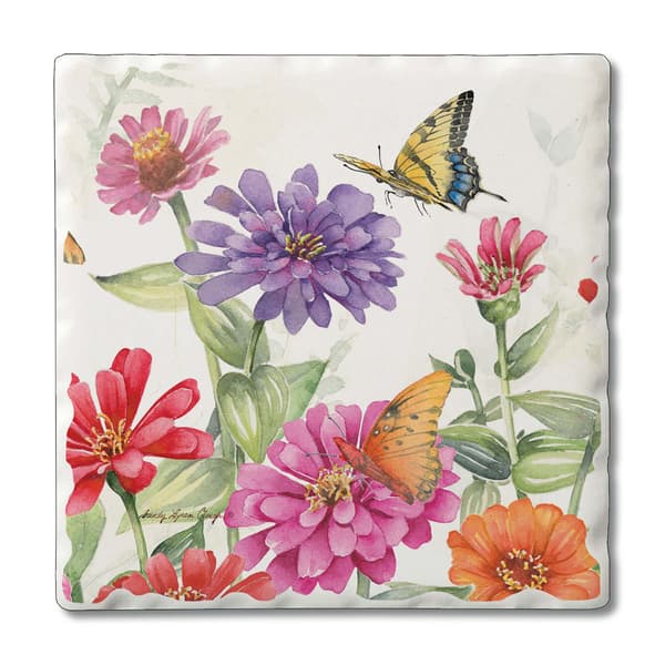 4pk. 4.25in. Zinnias & Butterfly Square Coasters Set - image 