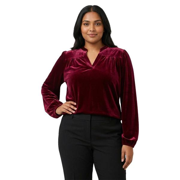 Plus Size Briggs Long Sleeve Solid Split Neck Velvet Blouse - image 