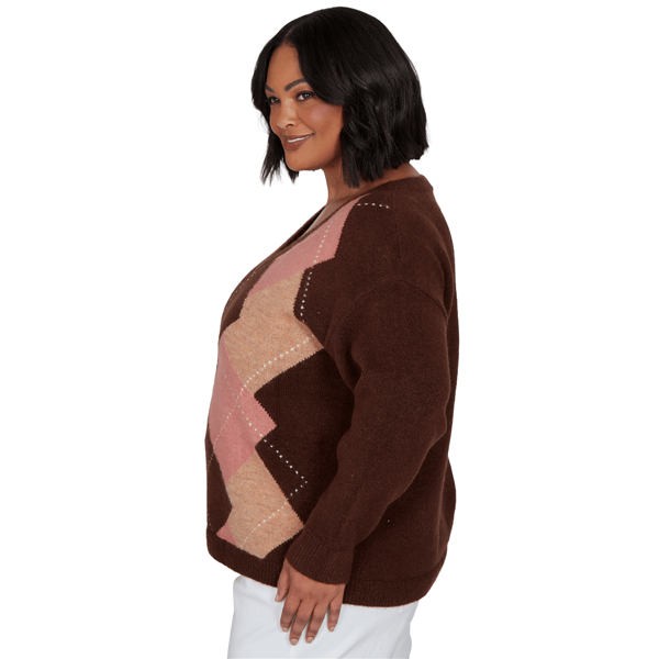 Plus Size Hearts of Palm Berry Fabulous V Neck Argyle Sweater