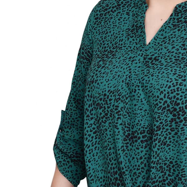 Womens NY Collection Roll Tab Sleeve Split Neck Leopard Blouse