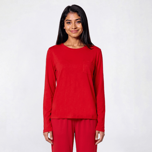 Juniors Pillow Talk Long Sleeve Solid Pajama Top with Pocket