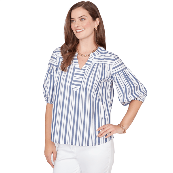 Womens Ruby Rd. French Riviera Elbow Puff Sleeve Stripe Blouse