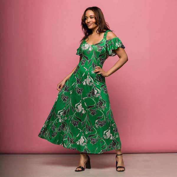 Womens 24/7 Comfort Apparel Green Floral Cold Shoulder Maxi Dress