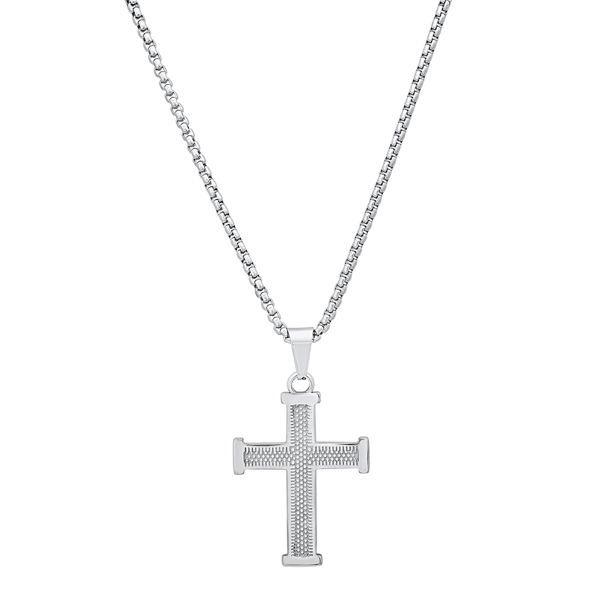 Mens Iron Saints Textured Silver Cross Box Chain Necklace - image 