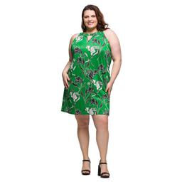 Plus Size 24/7 Comfort Apparel Green Floral Keyhole Dress