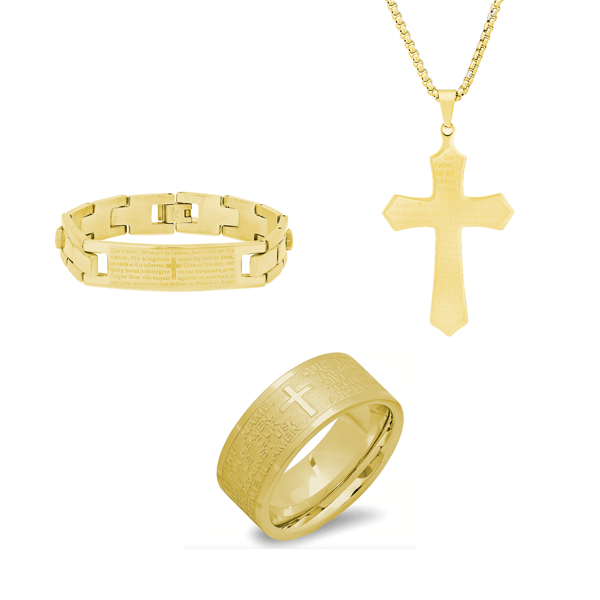 Mens Iron Saints Faith 18kt. Gold-Plating Lord’s Prayer 3pc. Set - image 