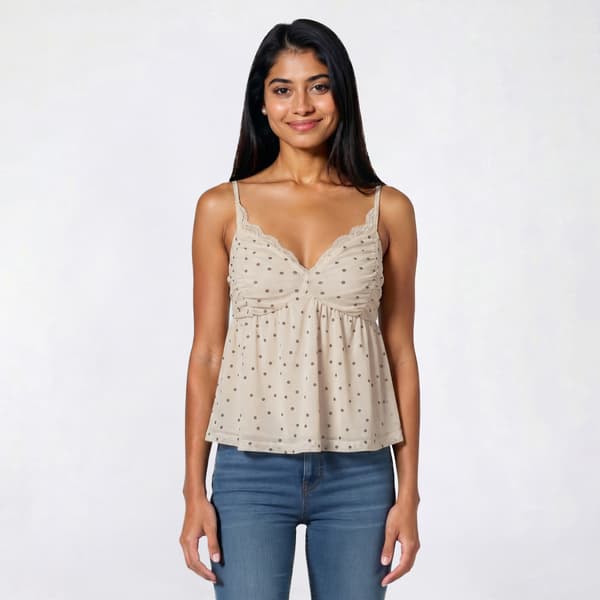 Juniors Pink Rose Dot Print Mesh Babydoll Camisole