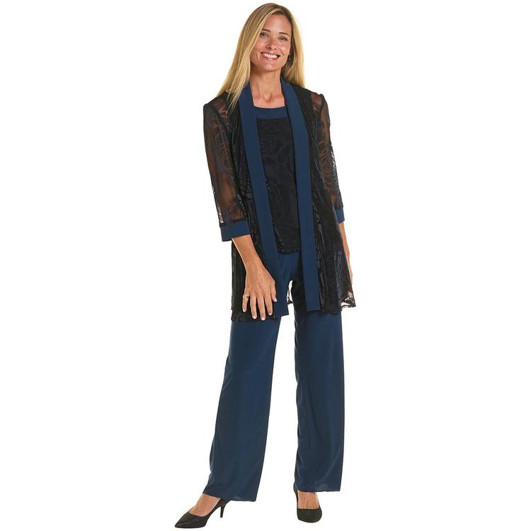 Womens R&M Richards 3/4 Sleeve Sheer Floral Pant Set