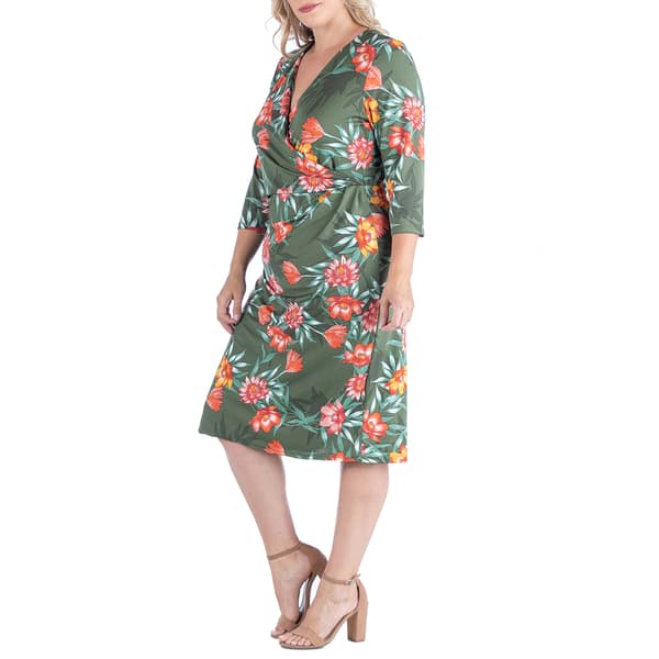 Plus Size 24/7 Comfort Apparel 3/4 Sleeve Surplice Wrap Dress