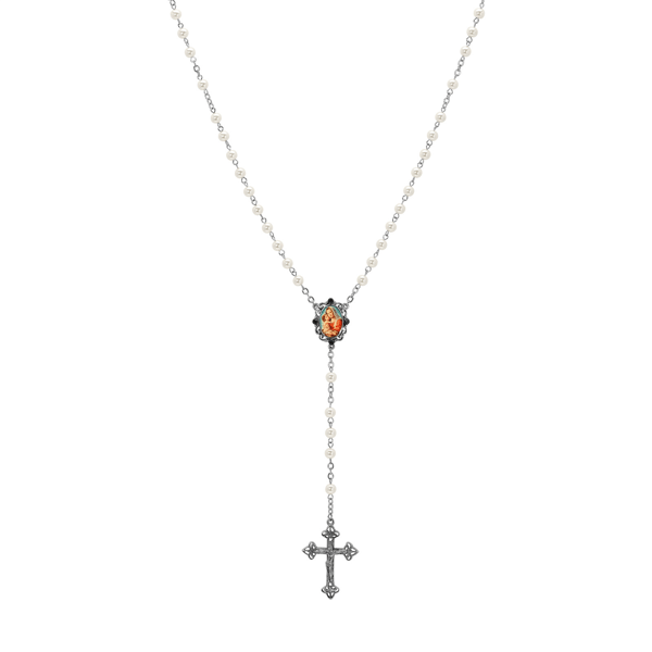 Symbols of Faith Silver Tone Crucifix Mary & Child Bead Rosary - image 