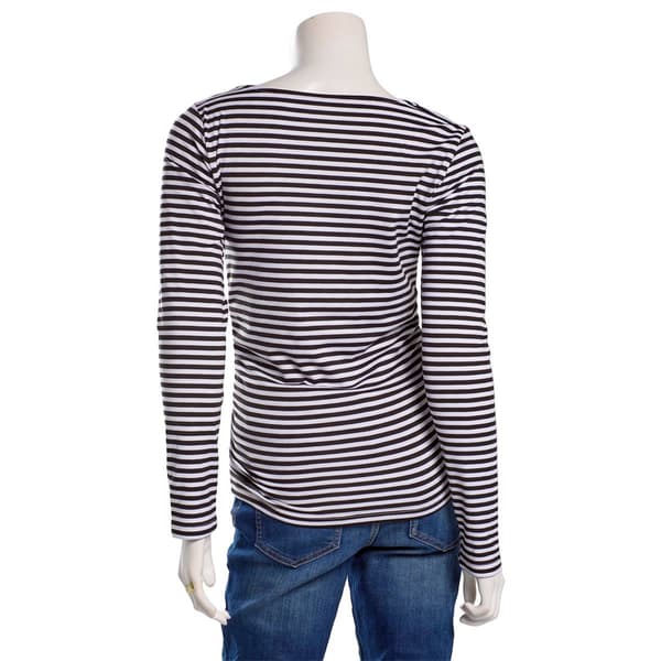 Juniors No Comment Long Sleeve Side Ruched Lined Top- Stripes