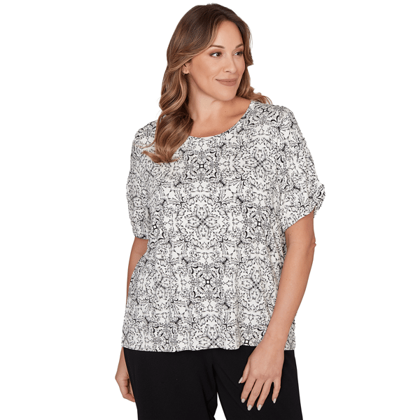 Plus Size Emaline Key Items Short Sleeve Scroll Medallion Blouse