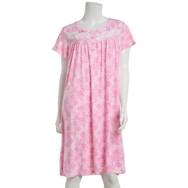 Womens Elizabeth & Nicole Short Sleeve Floral Lace Trim Nightgown