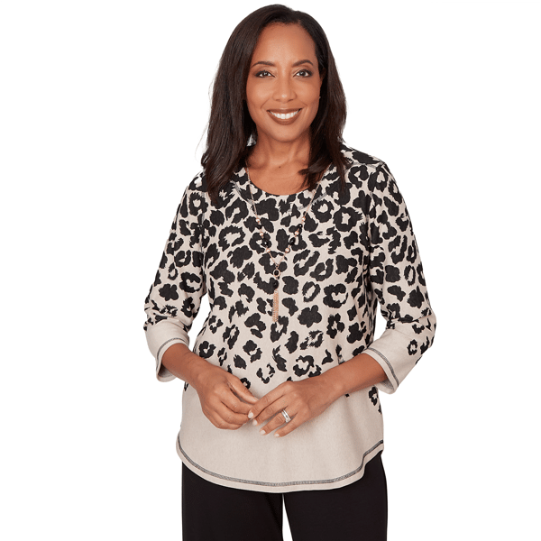 Womens Alfred Dunner Seville Animal Print Crew Neck Top With Nec