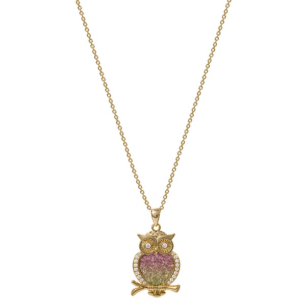 Yellow Gold Plated Cubic Zirconia and Rainbow Glitter Owl Pendant