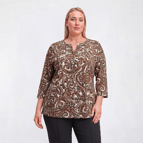 Plus Size Napa Valley 3/4 Sleeve Paisley Split Neck Knit Blouse - image 