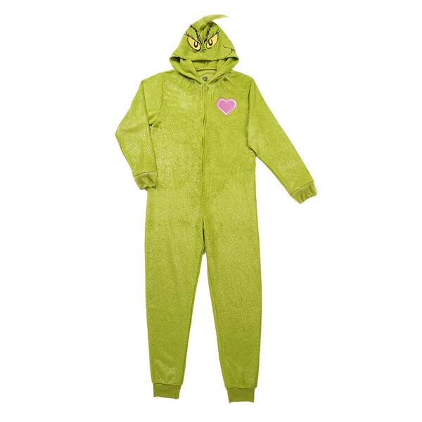 Womens Holiday Traditions Grinch Shimmer Hooded Onesie Pajama - image 