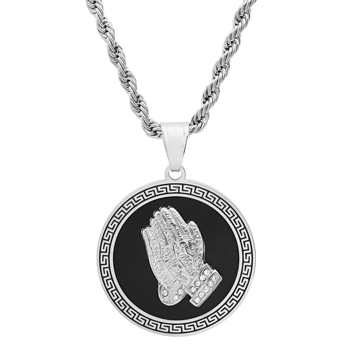 Mens Steeltime Prayer Hand Pendant with Simulated Diamonds