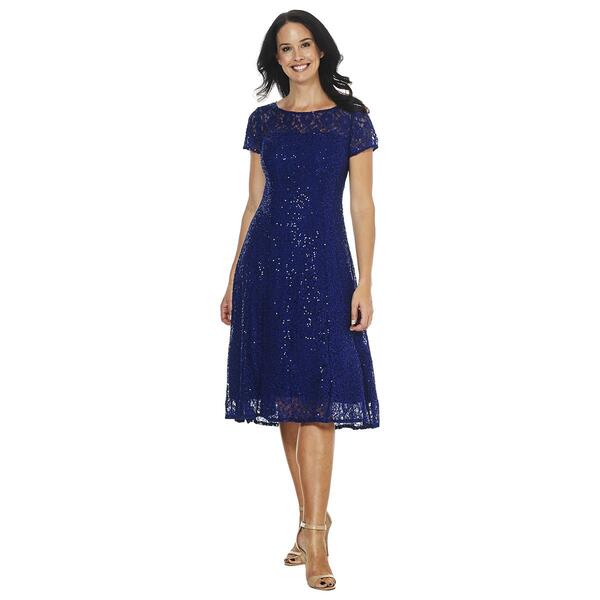 Womens SLNY Cap Sleeve Sequin Lace Tea Length Midi Dress - image 