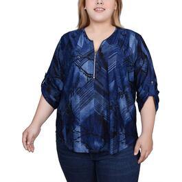 Plus Size NY Collection 3/4 Roll Sleeve Chevron Jacquard Zip Top