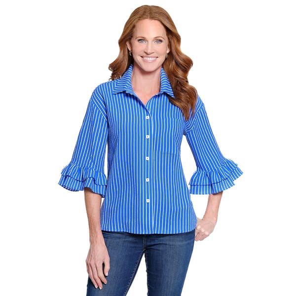 Womens Ali Miles 3/4 Ruffle Sleeve Thin Strip Button Front Top