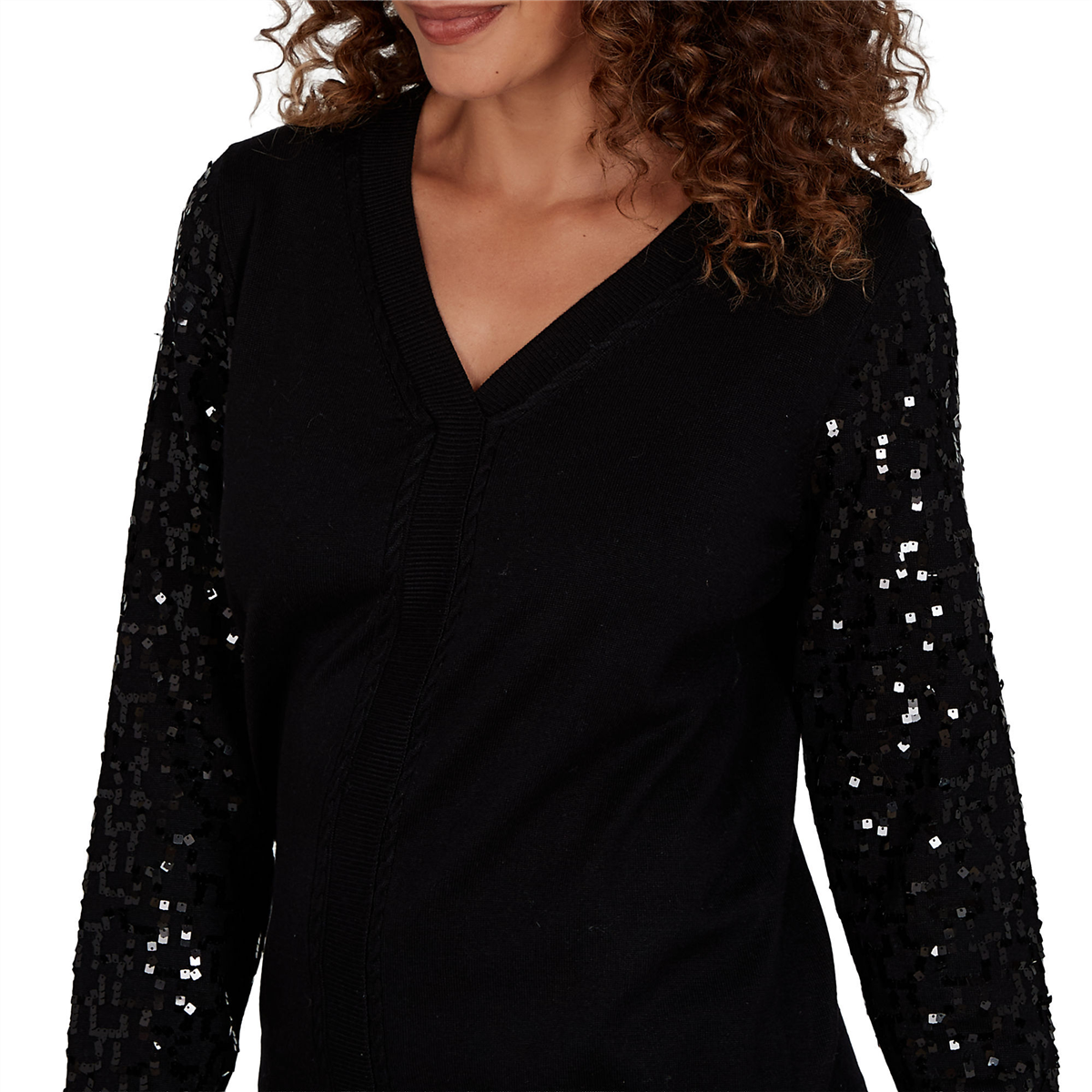 Petite Emaline Lavender Revelry Sequin Sleeve V-Neck Sweater
