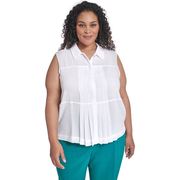 Plus Size Calvin Klein Sleeveless Center Pleated Button Front Blo
