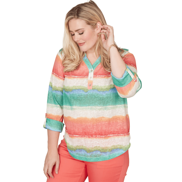Womens Alfred Dunner Resort Living Tie Dye Stripe Henley Blouse