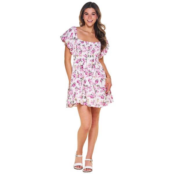 Juniors No Comment Balloon Sleeve Cross Hatch Rose A-Line Dress