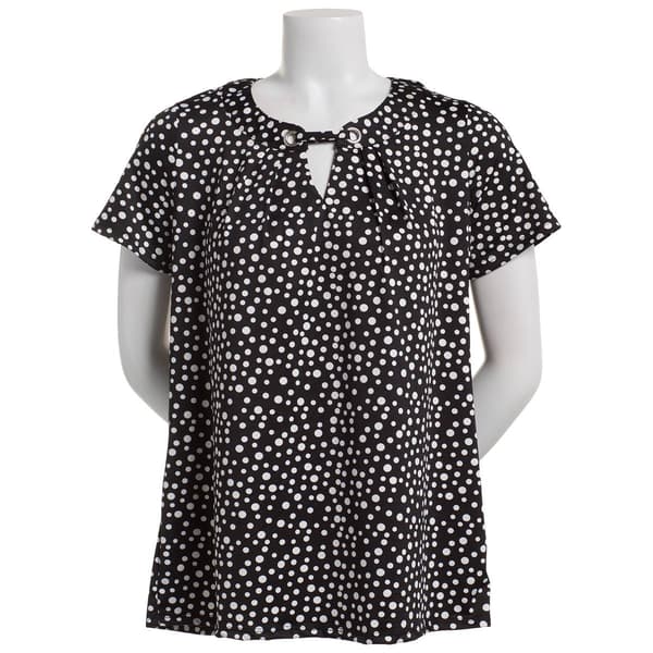 Womens Notations Short Sleeve Grommet Bar Neck Shell Blouse