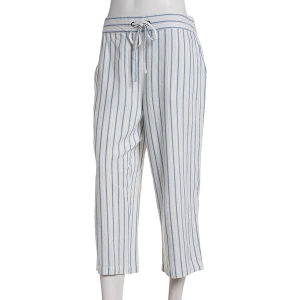 Womens Per Se Striped Linen Capri Pants-Cream/ Blue