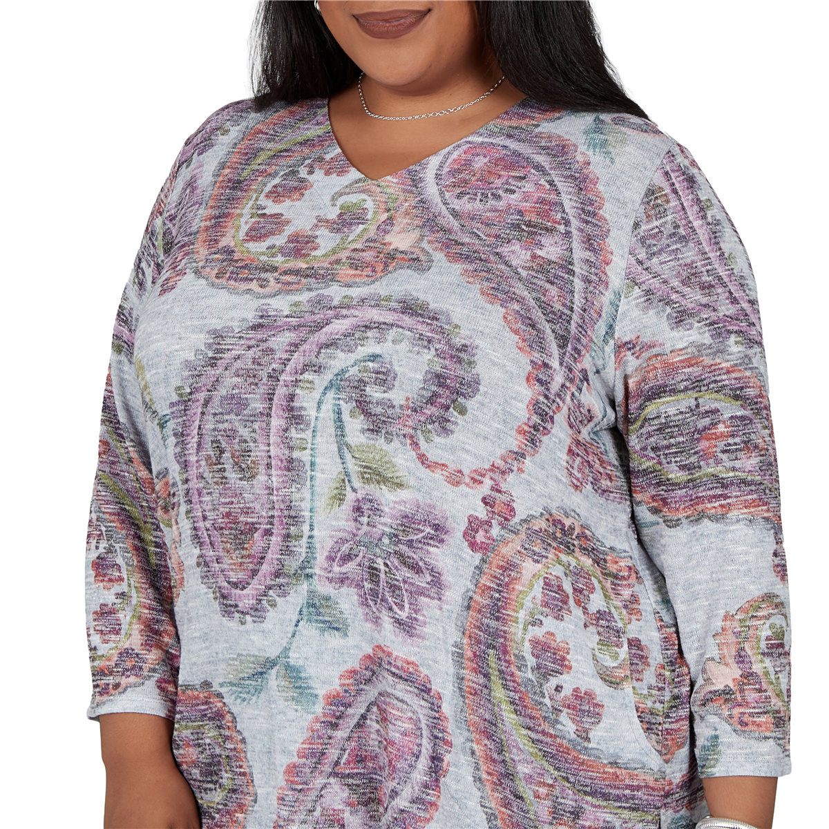 Plus Size Alfred Dunner Vail 3/4 Sleeve V-Neck Paisley Blouse