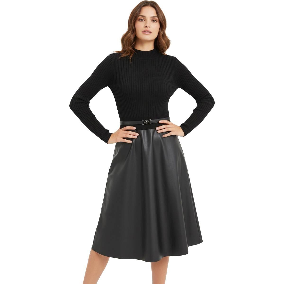 Petites Robbie Bee Long Sleeve Mock Neck Faux Leather Bottom Dre