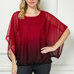 Womens Sara Michelle Batwing Sleeve Ombre Glitter Poncho Blouse