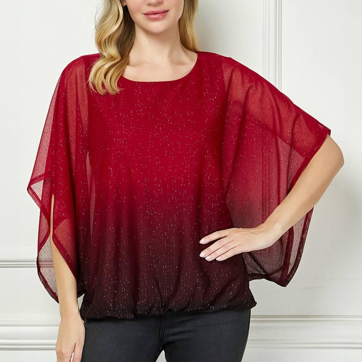 Womens Sara Michelle Batwing Sleeve Ombre Glitter Poncho Blouse