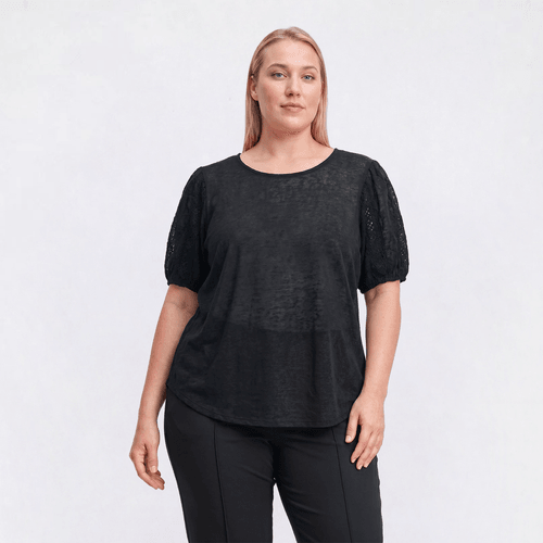 Plus Size Rio & Rian Short Puff Sleeve Lace Round Neck Blouse - image 