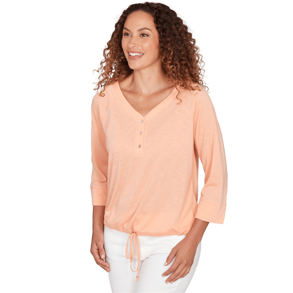 Petite Hearts of Palm All Sun and Games Tie Hem Henley Blouse