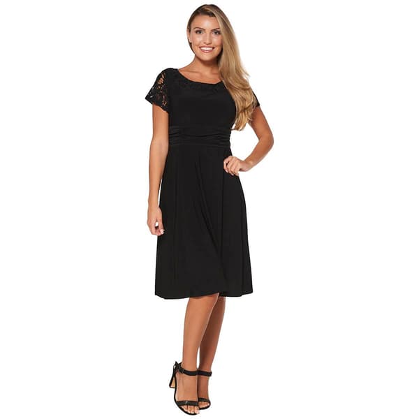 Petites Perceptions Short Sleeve Lace Trim Ruched Waist Dress