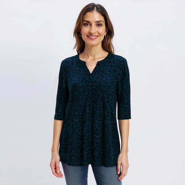Petite Napa Valley 3/4 Sleeve Small Leaf Pleat Henley Blouse - image 