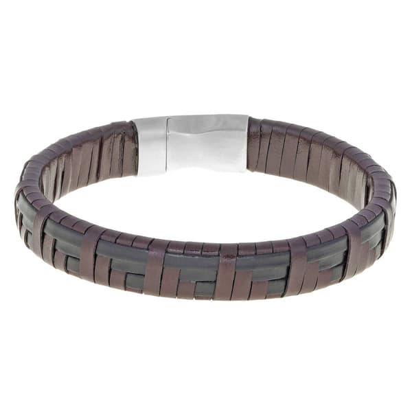 Mens Lynx Stainless Steel Brown & Black Leather Bracelet - image 