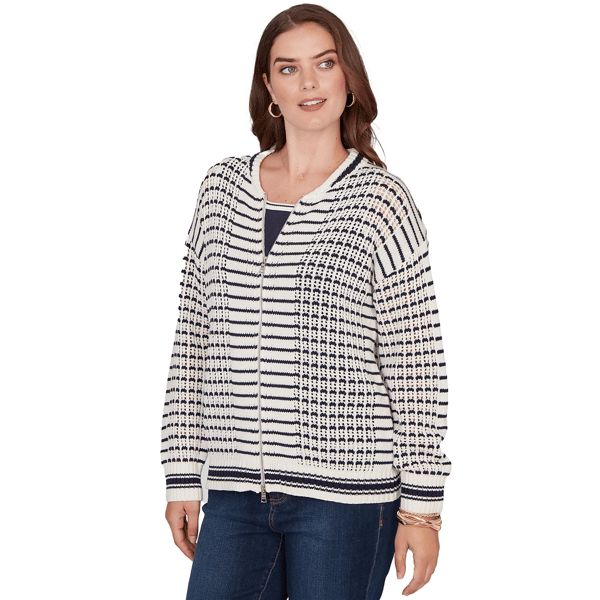 Womens Ruby Rd. Jetsetter Stripe Stitch Knit Bomber Jacket