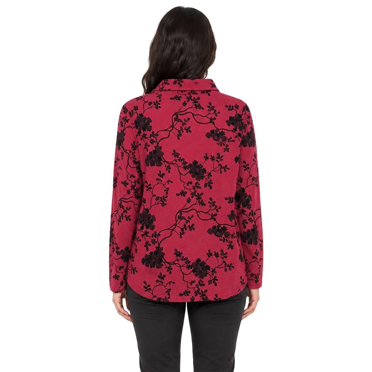 Womens Zac & Rachel Long Sleeve 1/2 Button Floral Burgundy Blouse
