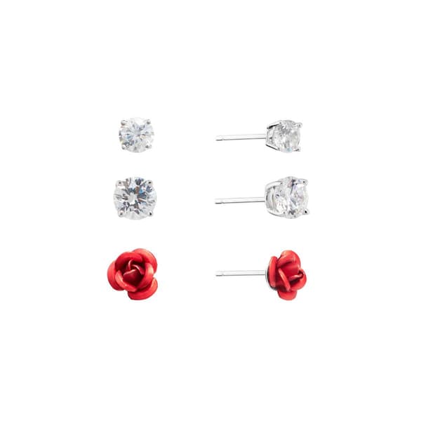 Athra 3pc. Sterling Silver CZ & Rose Stud Earrings - image 
