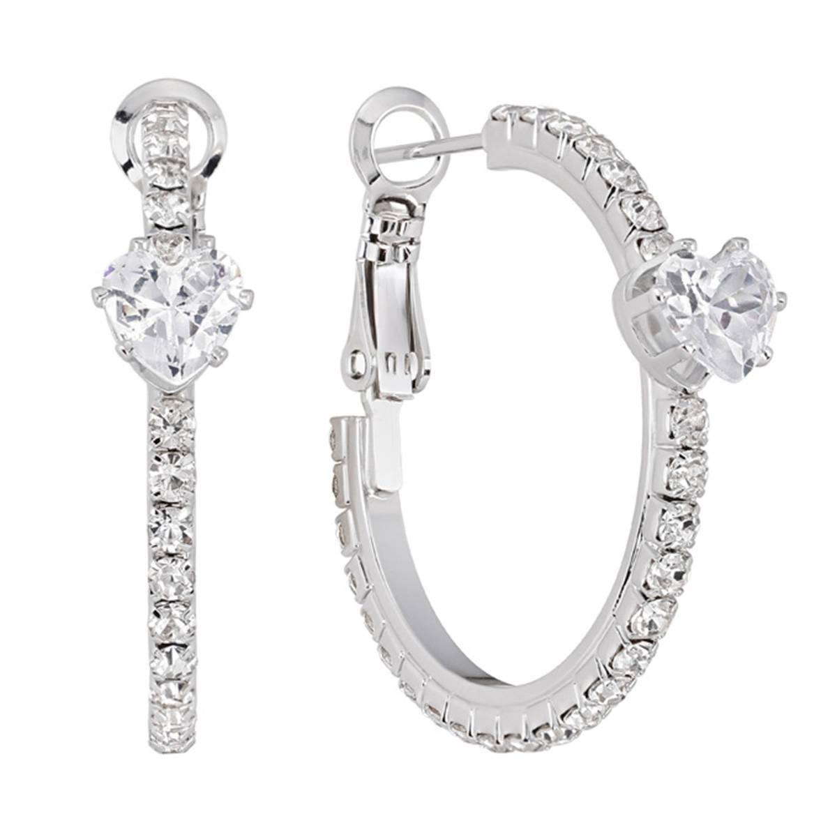 Athra Fine Silver Plated 25mm Crystal Heart Hoop Earrings