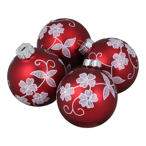 Northlight Seasonal 4pc. Floral Pattern Red Glass Ornaments - image 
