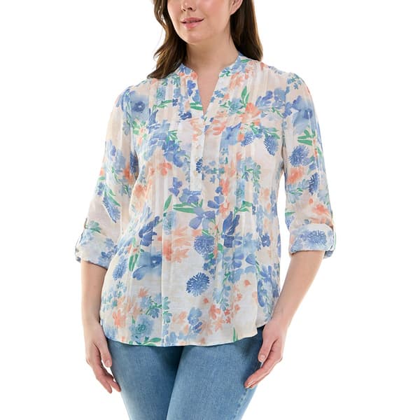 Plus Size Zac & Rachel 3/4 Sleeve Floral Front Pleat Blouse